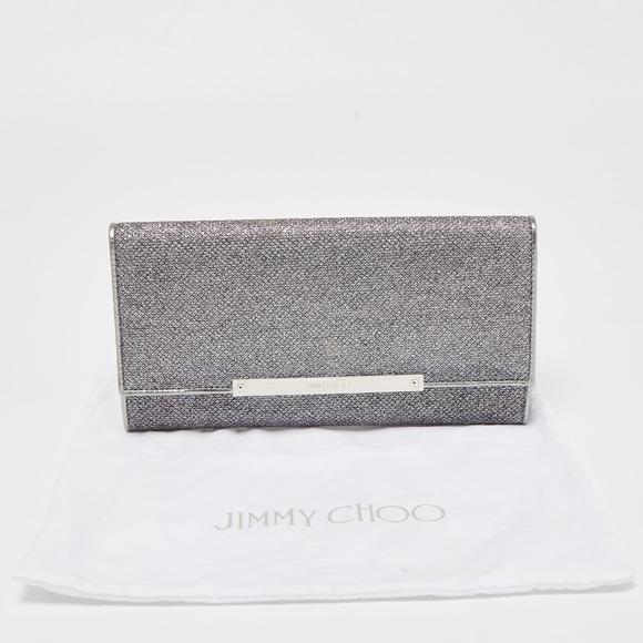 JIMMY CHOO Silver Glitter and Leather Metal Logo Flap Clutch - Picture 7 of 8